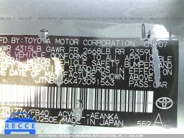 2007 TOYOTA CAMRY NEW GENERAT CE/LE/XLE/SE JTNBE46K473091563 image 8