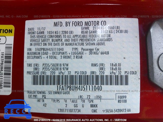2018 FORD MUSTANG 1FATP8UH4J5111040 image 8