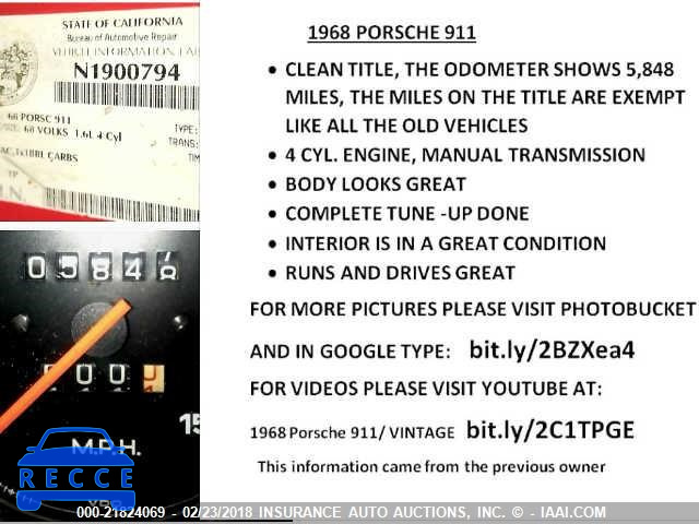 1968 PORSCHE 911 1105443 зображення 6