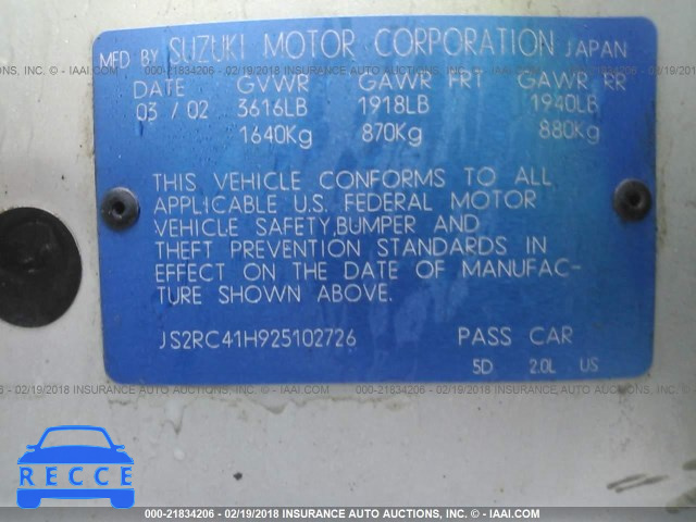 2002 SUZUKI AERIO SX JS2RC41H925102726 image 8