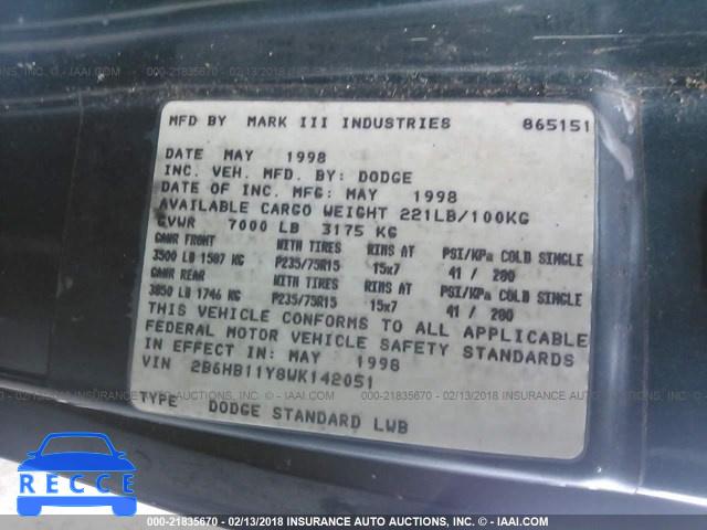 1998 DODGE RAM VAN B1500 2B6HB11Y8WK142051 image 8
