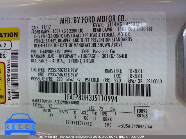 2018 FORD MUSTANG 1FATP8UH3J5110994 image 8
