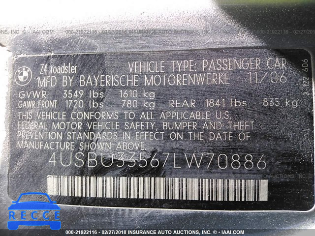 2007 BMW Z4 3.0 4USBU33567LW70886 зображення 8