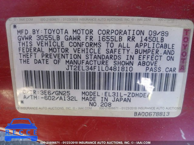 1990 TOYOTA TERCEL DELUXE JT2EL34F1L0481810 image 8