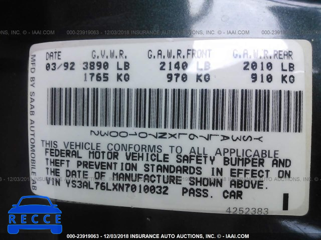 1992 SAAB 900 YS3AL76LXN7010032 image 8