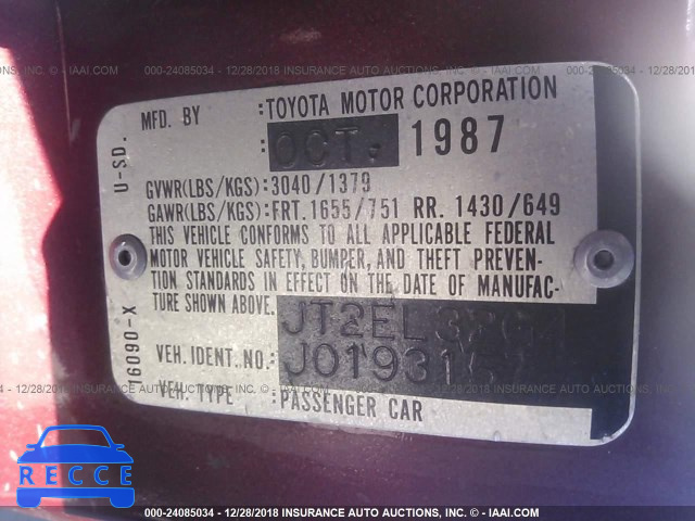 1988 TOYOTA TERCEL DELUXE JT2EL32G4J0193157 image 8