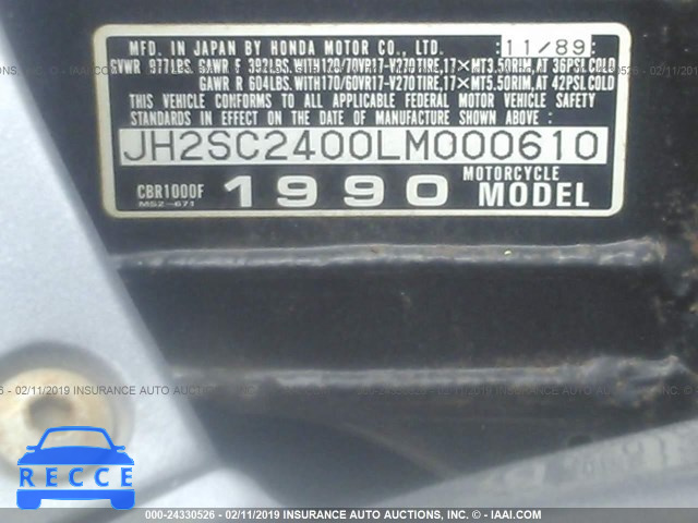 1990 HONDA CBR1000 F JH2SC2400LM000610 image 9