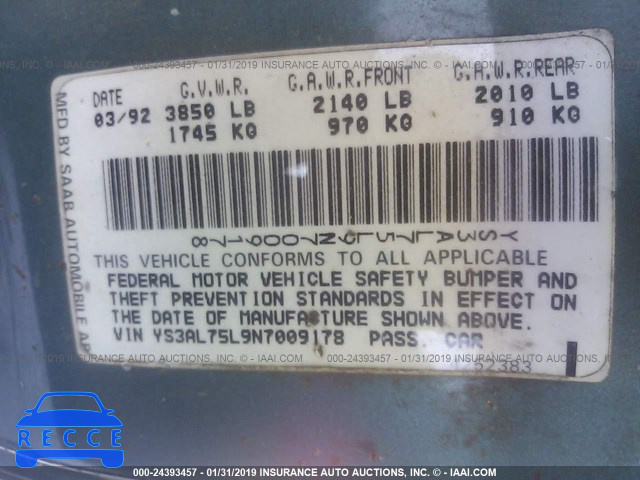 1992 SAAB 900 YS3AL75L9N7009178 image 8