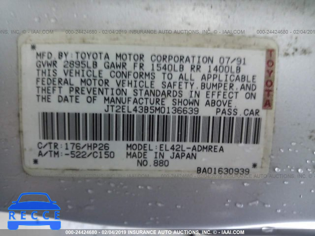 1991 TOYOTA TERCEL DELUXE JT2EL43B5M0136639 image 8