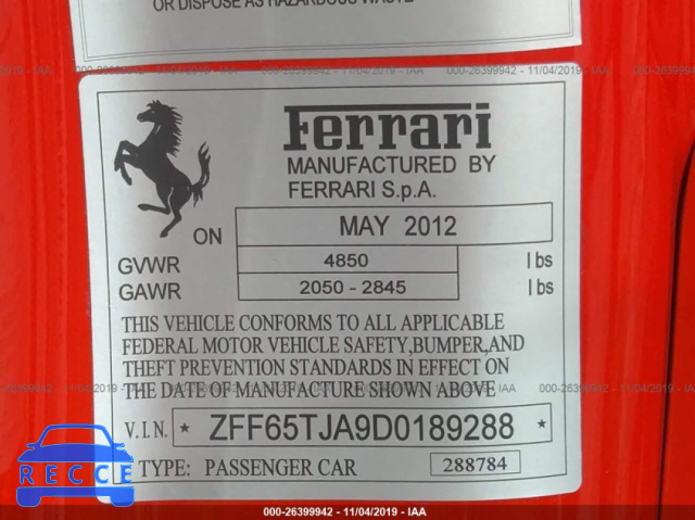 2013 FERRARI CALIFORNIA ZFF65TJA9D0189288 image 8