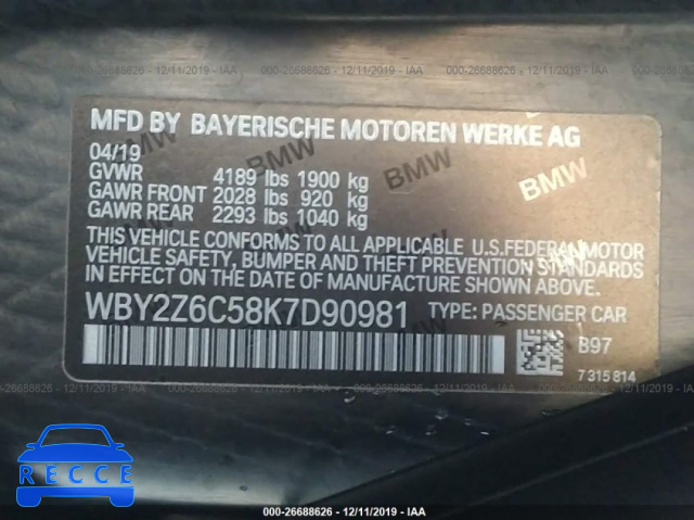 2019 BMW I8 WBY2Z6C58K7D90981 image 8