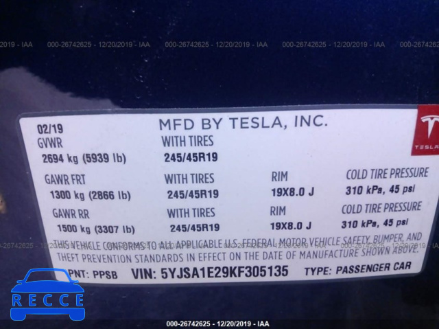 2019 TESLA MODEL S 5YJSA1E29KF305135 зображення 8