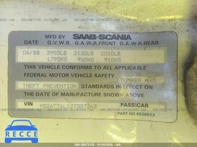 1988 SAAB 900 YS3AT76L1J7037243 зображення 8