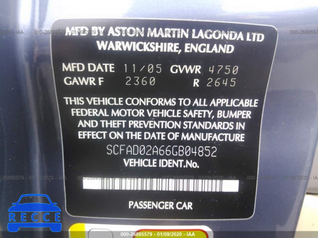 2006 ASTON MARTIN DB9 VOLANTE SCFAD02A66GB04852 image 7
