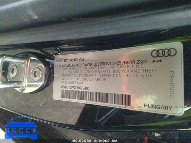 2017 AUDI S3 PREMIUM PLUS WAUB1GFFXH1079402 image 8