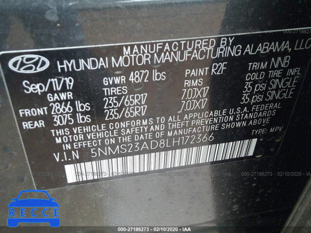 2020 HYUNDAI SANTA FE SE 5NMS23AD8LH172366 image 8