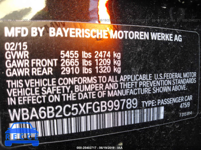 2015 BMW 6 SERIES 650I WBA6B2C5XFGB99789 зображення 8