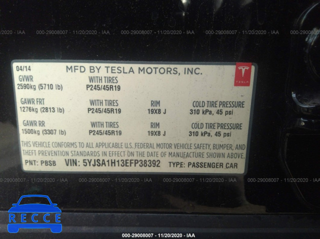 2014 TESLA MODEL S 60 KWH BATTERY/P85 5YJSA1H13EFP38392 image 8