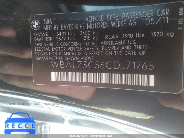 2012 BMW 6 SERIES 650I WBALZ3C56CDL71265 image 8