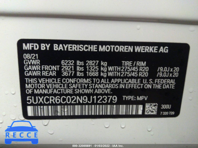 2022 BMW X5 XDRIVE40I 5UXCR6C02N9J12379 Bild 8