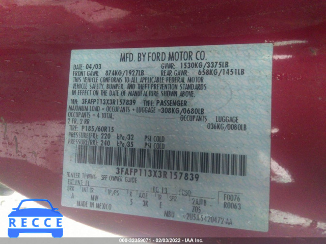 2003 FORD ZX2 ZX2 3FAFP113X3R157839 image 8
