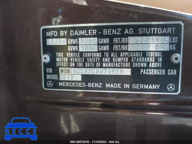 1984 MERCEDES-BENZ 190 D 2.2 WDBDB22A3EA070959 Bild 8