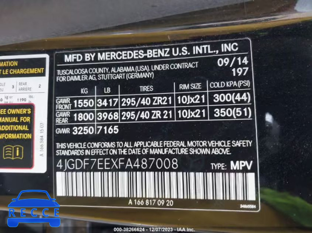 2015 MERCEDES-BENZ GL 63 AMG 4JGDF7EEXFA487008 Bild 8