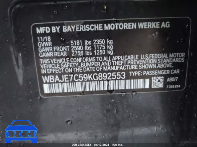 2019 BMW 540I XDRIVE WBAJE7C59KG892553 зображення 8