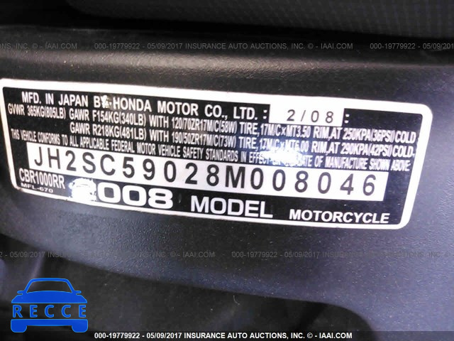 2008 HONDA CBR1000 RR JH2SC59028M008046 image 9