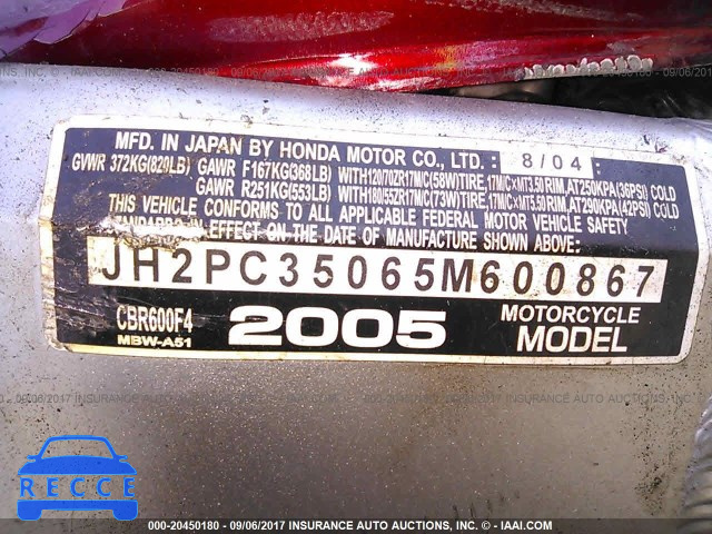 2005 HONDA CBR600 F4 JH2PC35065M600867 зображення 9