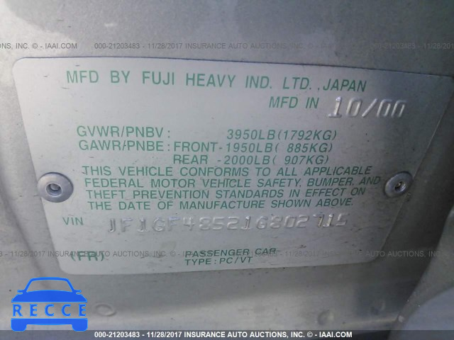 2001 SUBARU IMPREZA OUTBACK SPORT JF1GF48521G802715 зображення 8