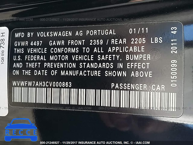 2012 VOLKSWAGEN EOS LUX/EXECUTIVE WVWFW7AH3CV000863 зображення 8