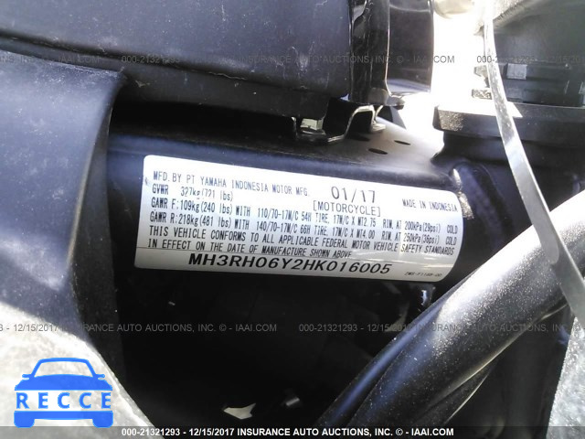 2017 YAMAHA YZFR3 MH3RH06Y2HK016005 image 9