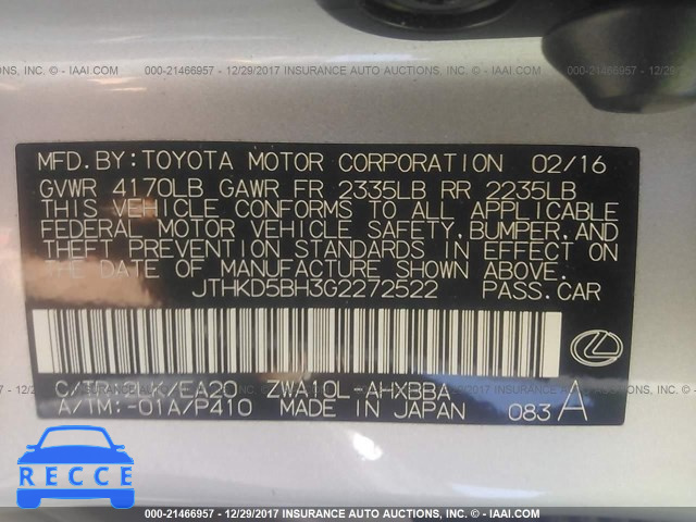 2016 LEXUS CT 200 JTHKD5BH3G2272522 Bild 8