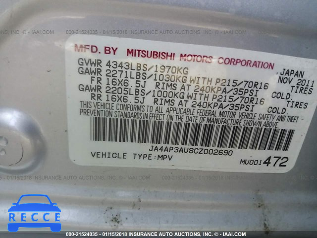2012 MITSUBISHI OUTLANDER SPORT ES JA4AP3AU8CZ002690 image 8