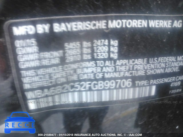 2015 BMW 650 I/GRAN COUPE WBA6B2C52FGB99706 зображення 8
