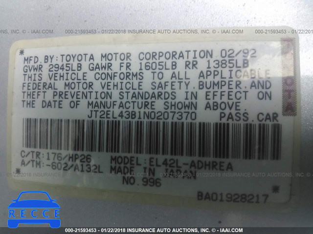 1992 TOYOTA TERCEL DELUXE JT2EL43B1N0207370 image 8
