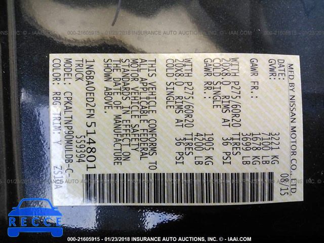2015 NISSAN TITAN S/SV/SL/PRO-4X 1N6BA0ED2FN514801 image 8