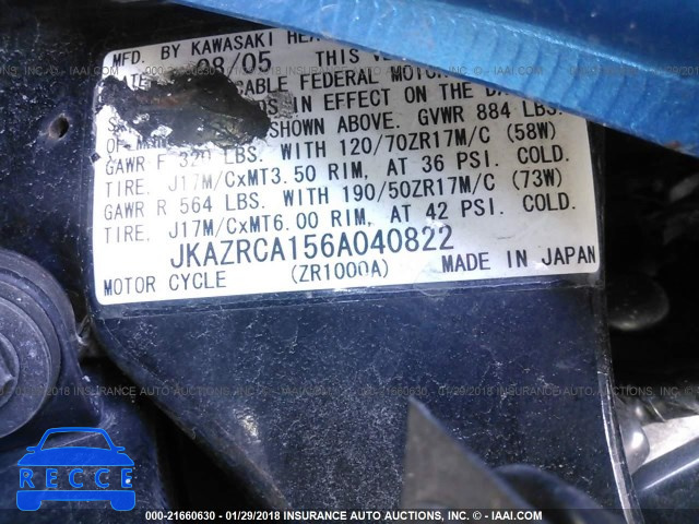 2006 KAWASAKI ZR1000 A1 JKAZRCA156A040822 зображення 9