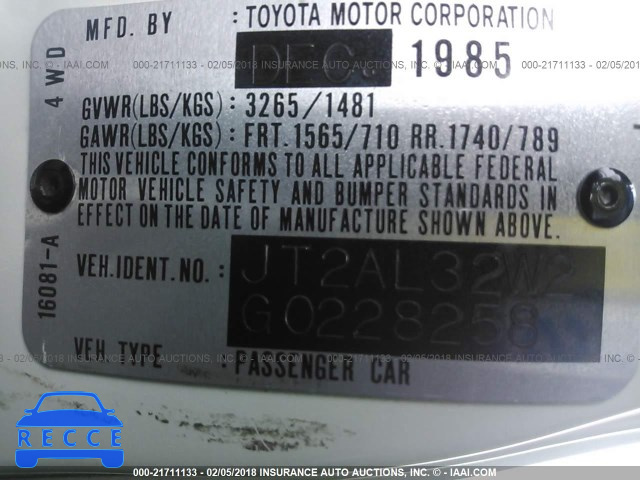 1986 TOYOTA TERCEL DELUXE 4X4 JT2AL32W2G0228258 image 8