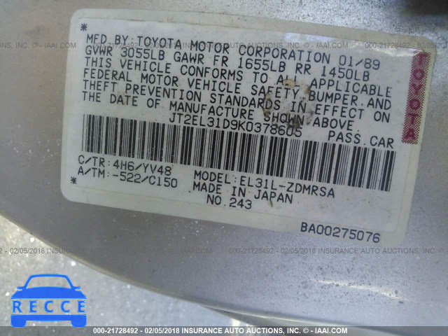 1989 TOYOTA TERCEL JT2EL31D9K0378605 image 8