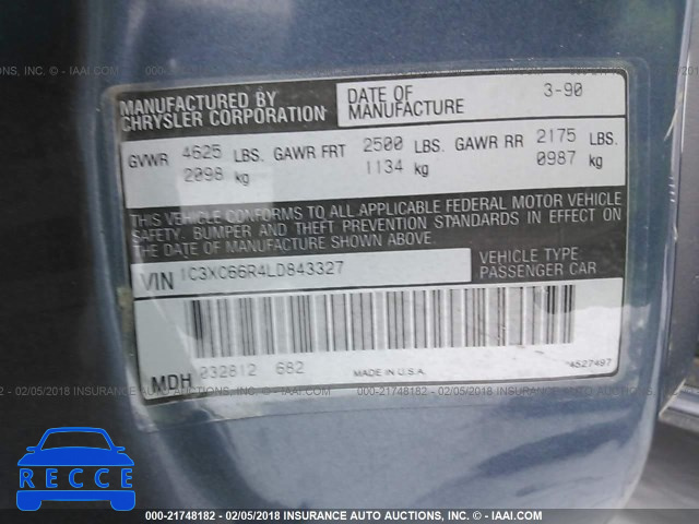 1990 CHRYSLER NEW YORKER C-BODY LANDAU 1C3XC66R4LD843327 image 8