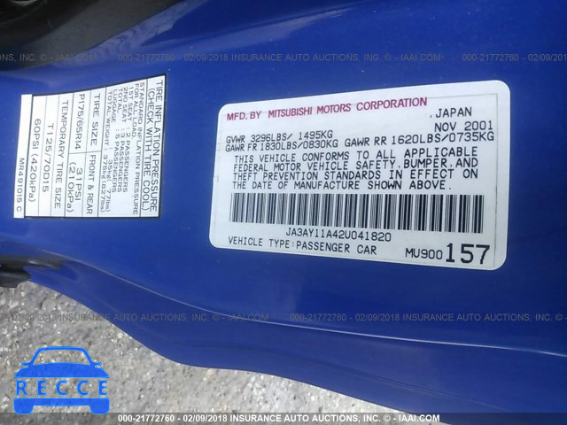 2002 MITSUBISHI MIRAGE DE JA3AY11A42U041820 image 8