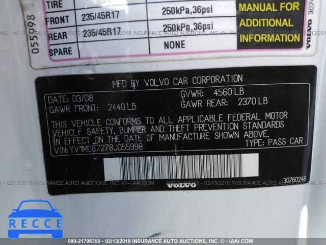 2008 VOLVO C70 T5 YV1MC67278J055998 image 8