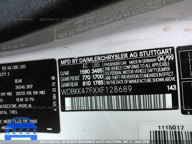 1999 MERCEDES-BENZ SLK 230 KOMPRESSOR WDBKK47FXXF128689 image 8