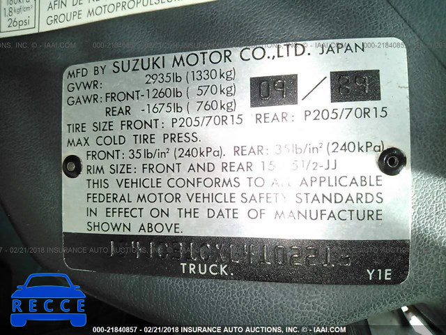 1990 SUZUKI SAMURAI JL JS4JC31CXL4102213 image 8