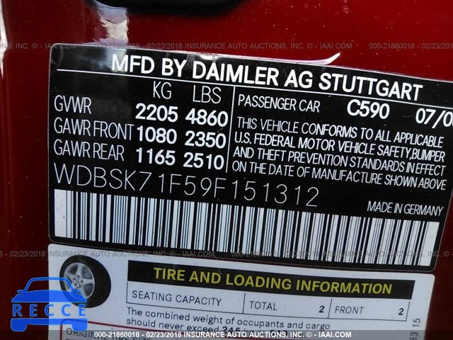2009 MERCEDES-BENZ SL 550 WDBSK71F59F151312 image 8