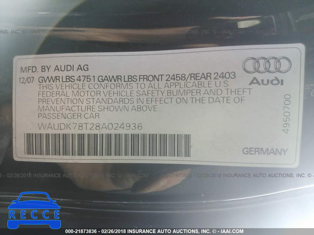 2008 AUDI A5 QUATTRO WAUDK78T28A024936 image 8