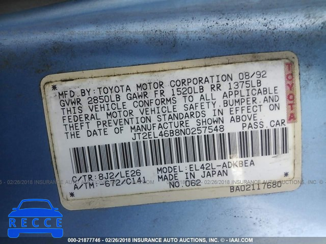 1992 TOYOTA TERCEL STD JT2EL46B8N0257548 зображення 8
