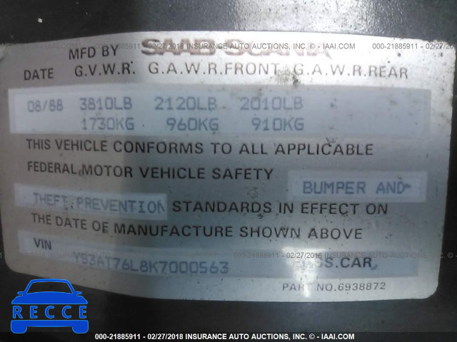 1989 SAAB 900 YS3AT76L8K7000563 image 8